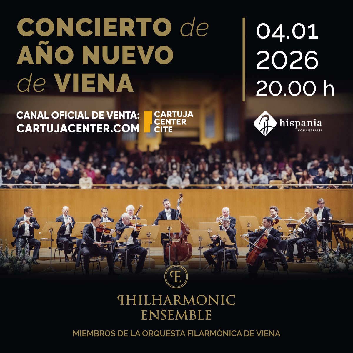 Cartel concierto de ano nuevo de Viena Philharmonic Ensemble el 4 de enero en Cartuja Center CITE